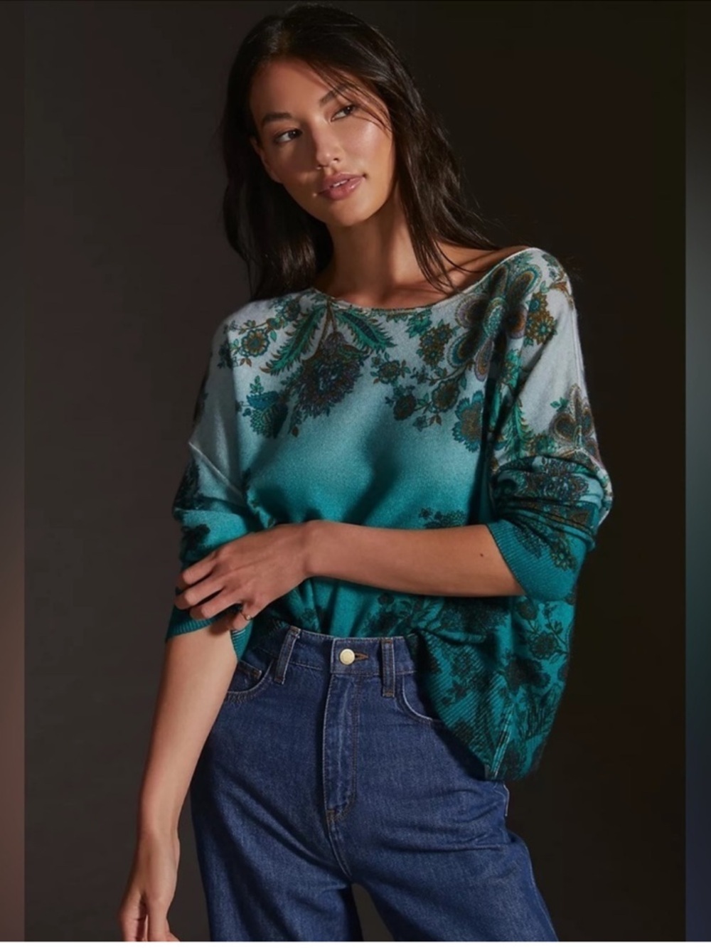 Pilcro Cashmere Teal Gradient Floral Long Sleeve Top - Picture 7 of 13